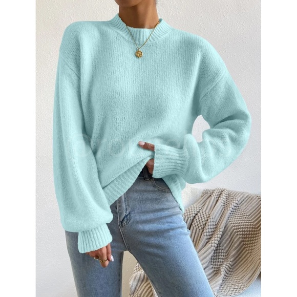 Mint Blue Soft Sweater Pullover Long Sleeve Drop Shoulder - Picture 2 of 9